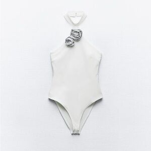 ZARA White Fitted Halter Bodysuit raised flowers with jewel appliqués | 4764/003